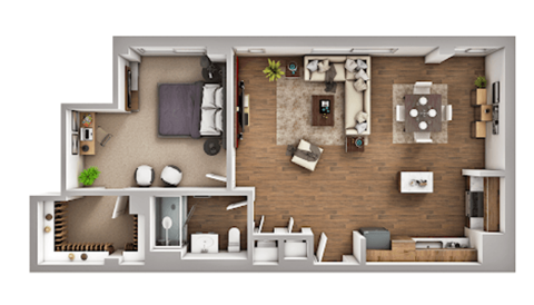 A top-down view of a house layout with a living room, kitchen, and bedrooms.